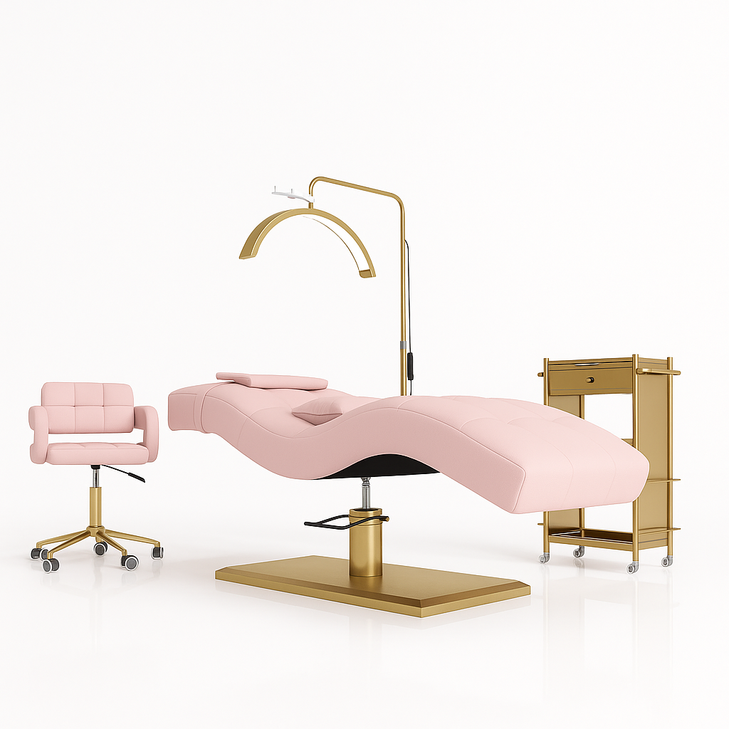 Beauty salon treatment bed with pink cover, armchair, and side table on a white background
