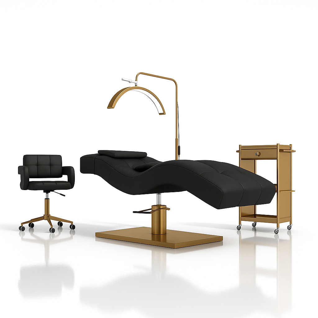 Salon treatment table with chair and cart on a white background