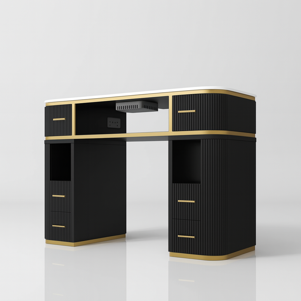 Black desk with gold accents on a white background