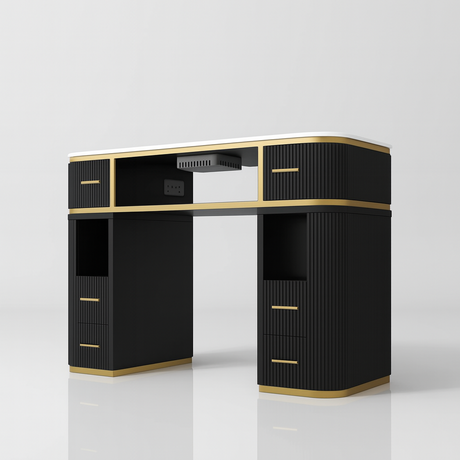 Black desk with gold accents on a white background